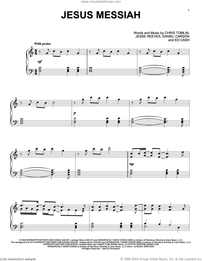 Jesus Messiah, (intermediate) sheet music for piano solo by Chris Tomlin, Daniel Carson, Ed Cash and Jesse Reeves, intermediate skill level
