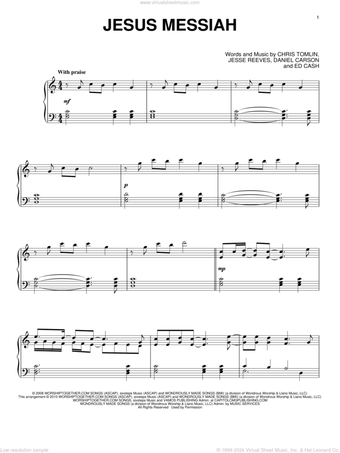 Jesus Messiah, (intermediate) sheet music for piano solo by Chris Tomlin, Daniel Carson, Ed Cash and Jesse Reeves, intermediate skill level