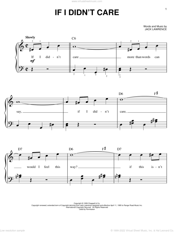 If I Didn't Care sheet music for piano solo by The Ink Spots and Jack Lawrence, easy skill level