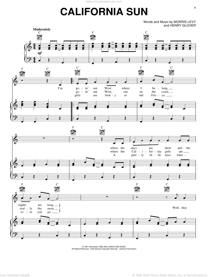 California Sun sheet music for voice, piano or guitar by The Rivieras, The Ramones, Henry Glover and Morris Levy, intermediate skill level