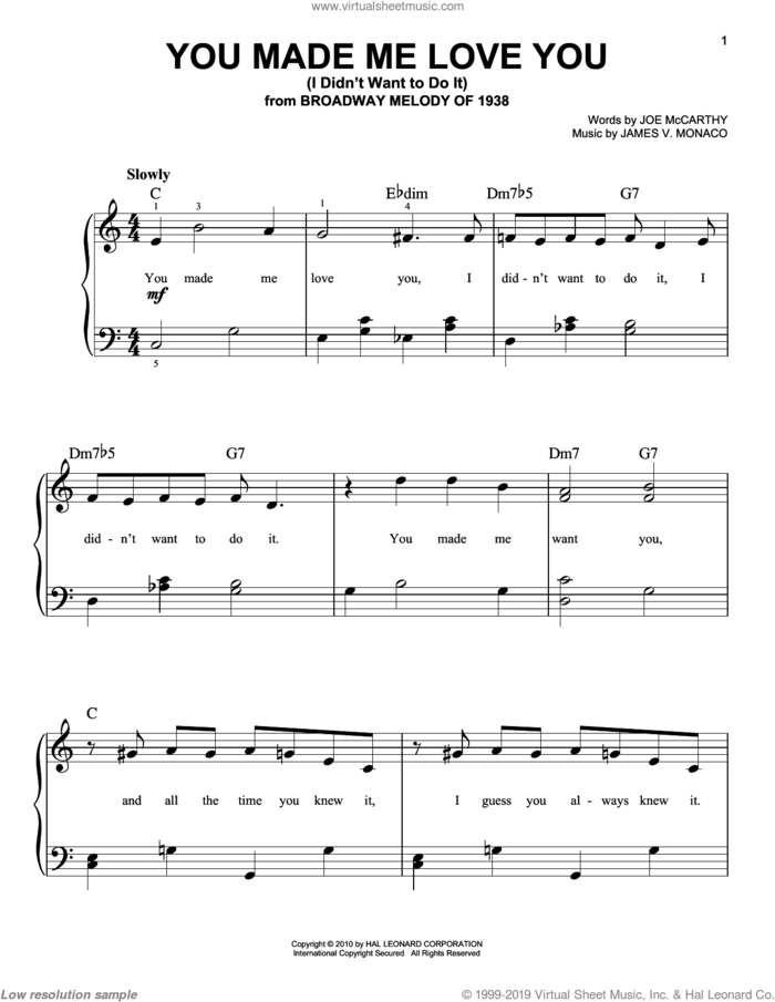 You Made Me Love You (I Didn't Want To Do It) sheet music for piano solo by Joe McCarthy and James Monaco, easy skill level