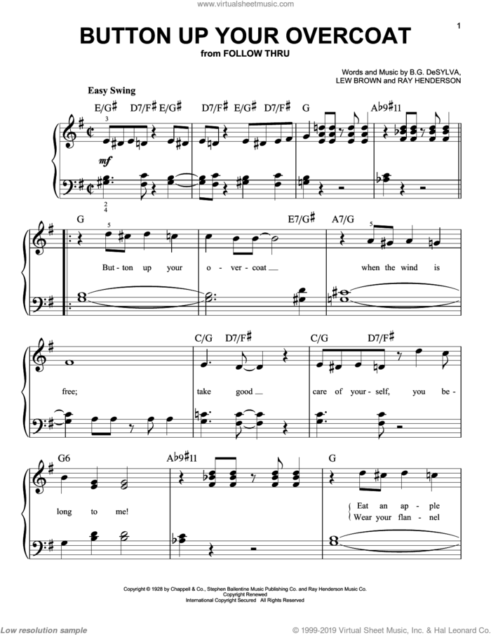Button Up Your Overcoat sheet music for piano solo by Ruth Etting, Buddy DeSylva, Lew Brown and Ray Henderson, easy skill level