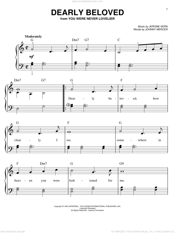 Dearly Beloved, (easy) sheet music for piano solo by Jerome Kern and Johnny Mercer, easy skill level