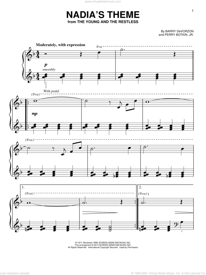 Nadia's Theme sheet music for piano solo by Perry Botkin, Jr. and Barry DeVorzon & Perry Botkin, Jr. and Barry DeVorzon, easy skill level