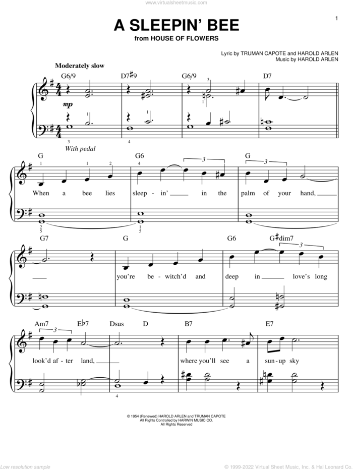 A Sleepin' Bee sheet music for piano solo by Harold Arlen and Truman Capote, easy skill level
