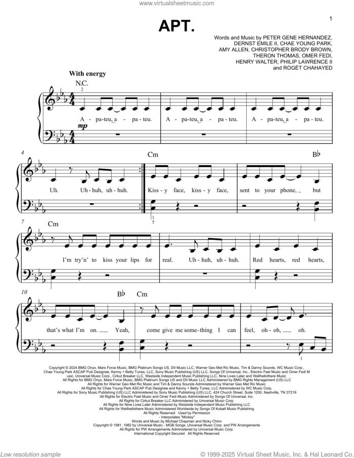 APT., (easy) sheet music for piano solo by ROSÉ & Bruno Mars, Amy Allen, Chae Young Park, Christopher Brody Brown, Henry Walter, Mike Chapman, Nicky Chinn, Omer Fedi, Peter Gene Hernandez, Philip Lawrence II, Roget Chahayed and Theron Thomas, easy skill level