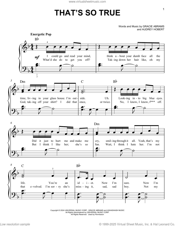 That's So True sheet music for piano solo by Gracie Abrams and Audrey Hobert, easy skill level