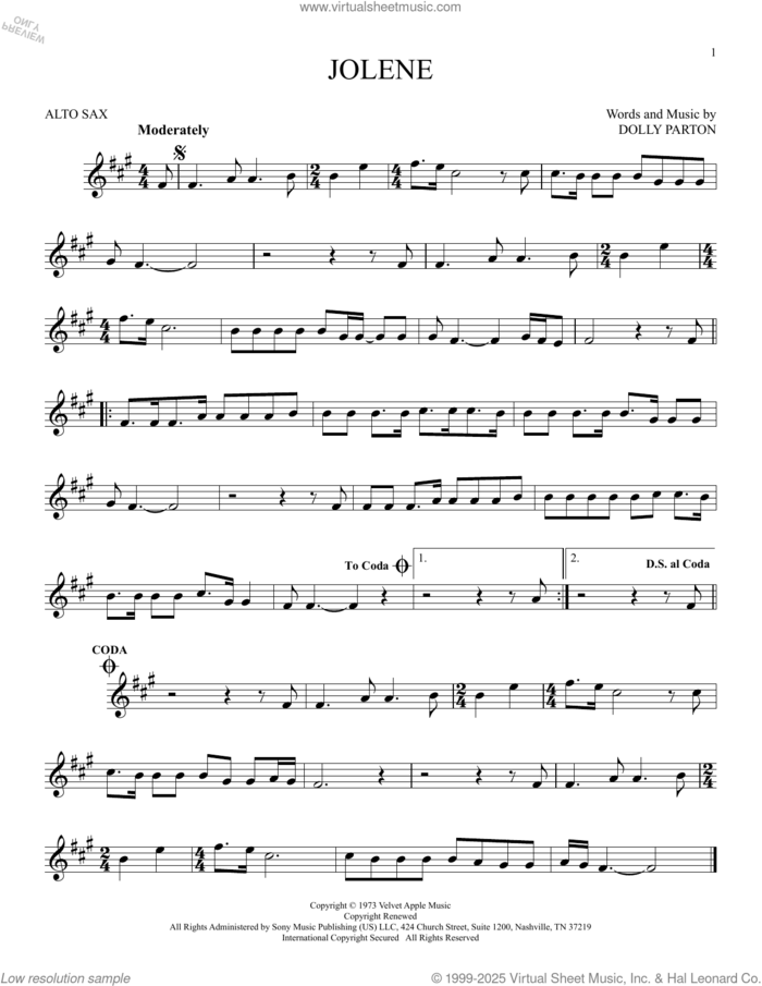 Jolene sheet music for alto saxophone solo by Dolly Parton, intermediate skill level