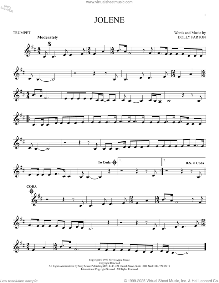 Jolene sheet music for trumpet solo by Dolly Parton, intermediate skill level