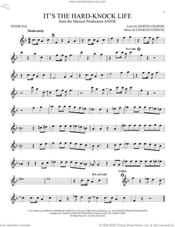 It's The Hard-Knock Life (from Annie) sheet music for tenor saxophone solo by Charles Strouse and Martin Charnin, intermediate skill level