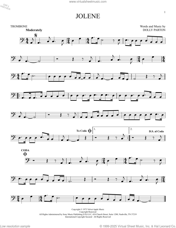 Jolene sheet music for trombone solo by Dolly Parton, intermediate skill level