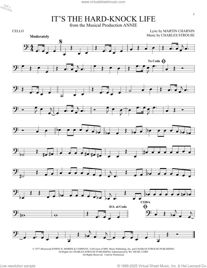 It's The Hard-Knock Life (from Annie) sheet music for cello solo by Charles Strouse and Martin Charnin, intermediate skill level