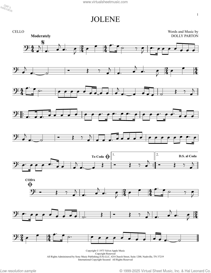 Jolene sheet music for cello solo by Dolly Parton, intermediate skill level