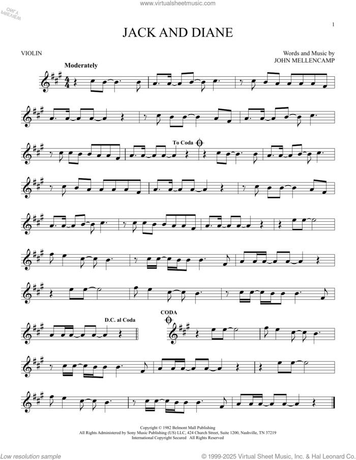 Jack And Diane sheet music for violin solo by John Mellencamp, intermediate skill level