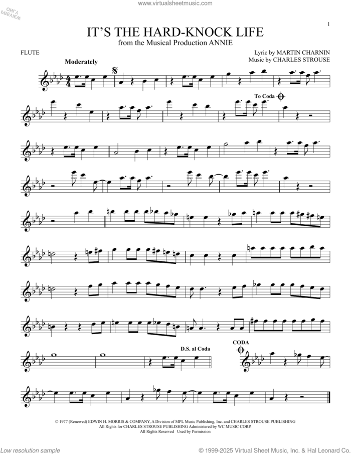 It's The Hard-Knock Life (from Annie) sheet music for flute solo by Charles Strouse and Martin Charnin, intermediate skill level