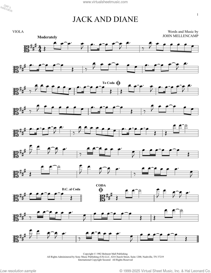 Jack And Diane sheet music for viola solo by John Mellencamp, intermediate skill level