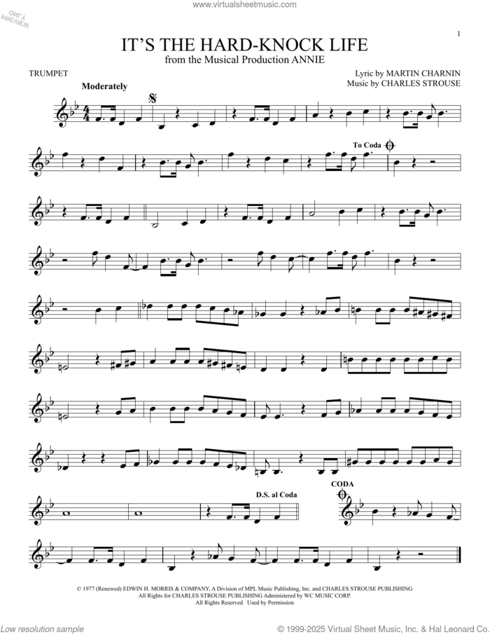 It's The Hard-Knock Life (from Annie) sheet music for trumpet solo by Charles Strouse and Martin Charnin, intermediate skill level