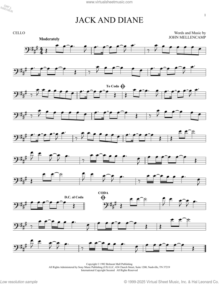 Jack And Diane sheet music for cello solo by John Mellencamp, intermediate skill level