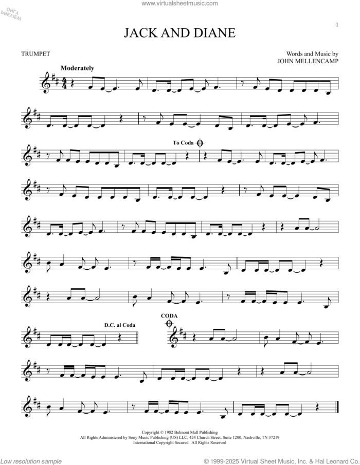 Jack And Diane sheet music for trumpet solo by John Mellencamp, intermediate skill level