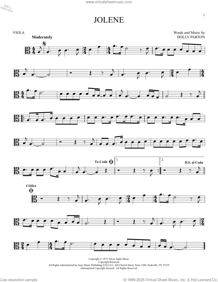 Jolene sheet music for viola solo by Dolly Parton, intermediate skill level