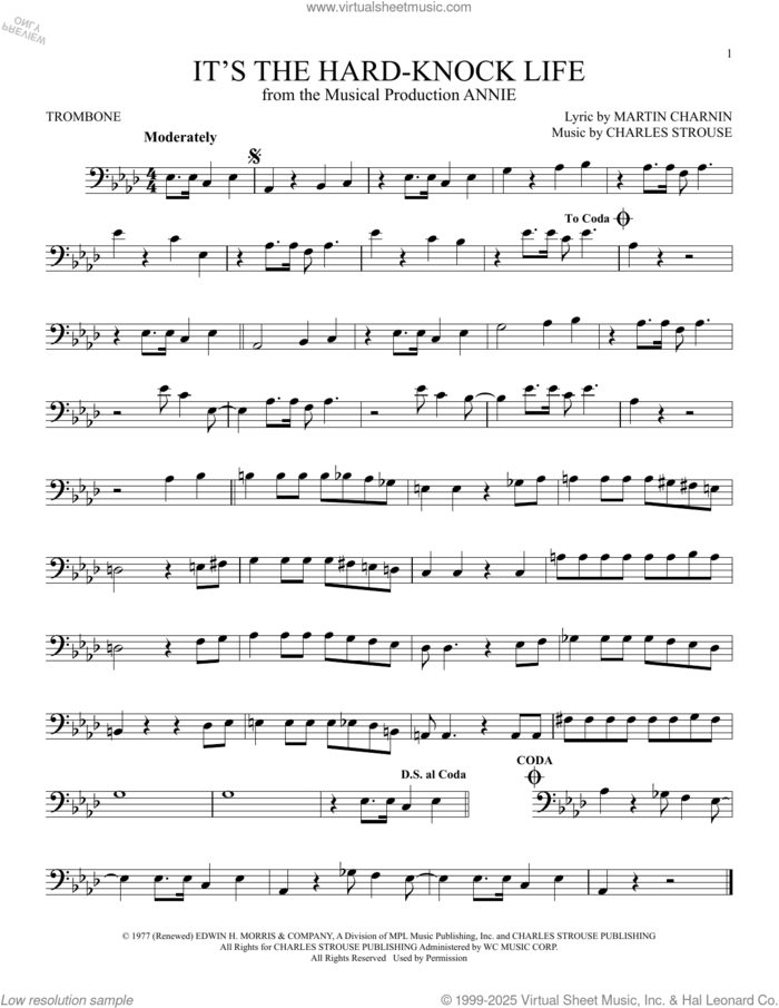 It's The Hard-Knock Life (from Annie) sheet music for trombone solo by Charles Strouse and Martin Charnin, intermediate skill level