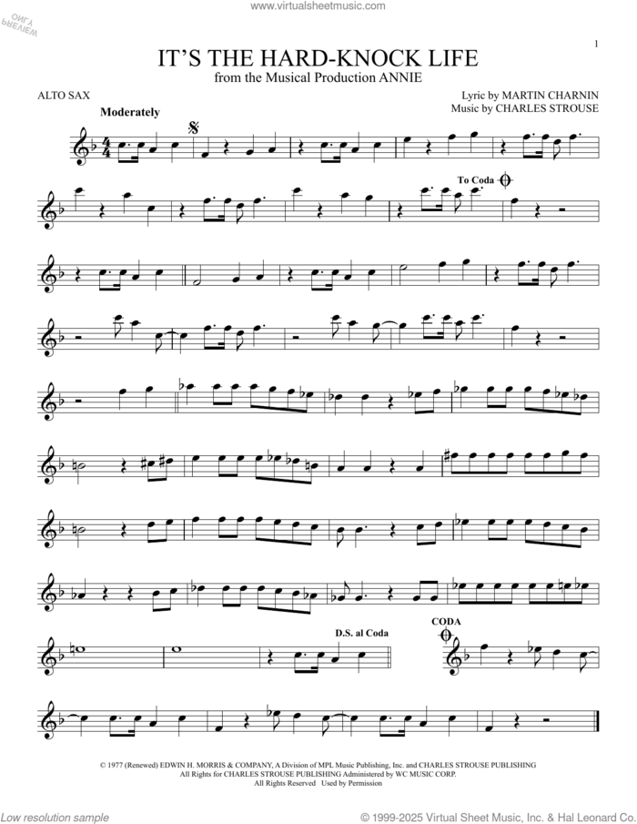 It's The Hard-Knock Life (from Annie) sheet music for alto saxophone solo by Charles Strouse and Martin Charnin, intermediate skill level