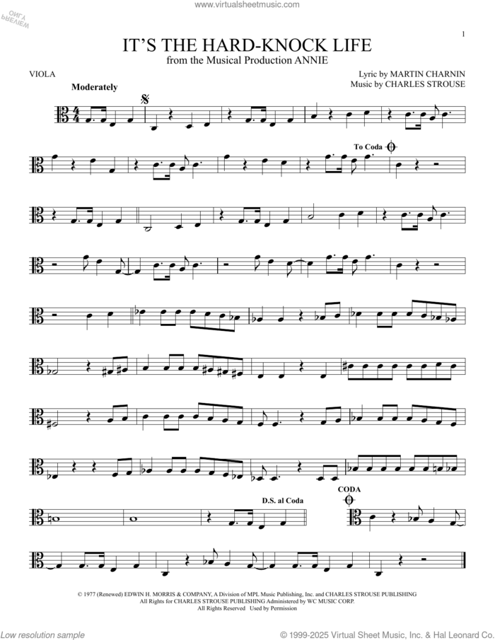 It's The Hard-Knock Life (from Annie) sheet music for viola solo by Charles Strouse and Martin Charnin, intermediate skill level