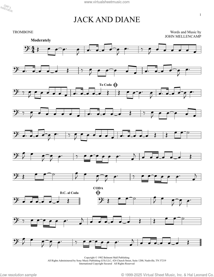 Jack And Diane sheet music for trombone solo by John Mellencamp, intermediate skill level