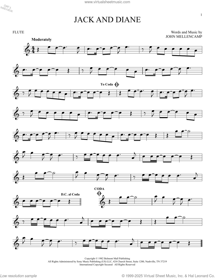 Jack And Diane sheet music for flute solo by John Mellencamp, intermediate skill level