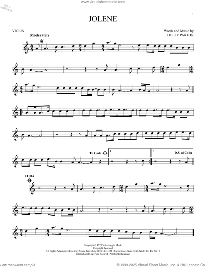 Jolene sheet music for violin solo by Dolly Parton, intermediate skill level