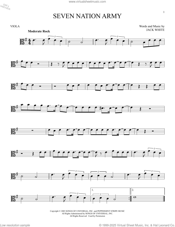 Seven Nation Army sheet music for viola solo by White Stripes and Jack White, intermediate skill level