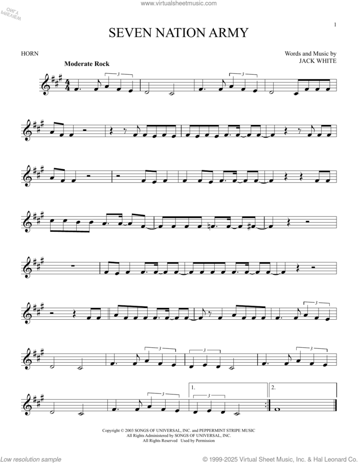 Seven Nation Army sheet music for horn solo by White Stripes and Jack White, intermediate skill level