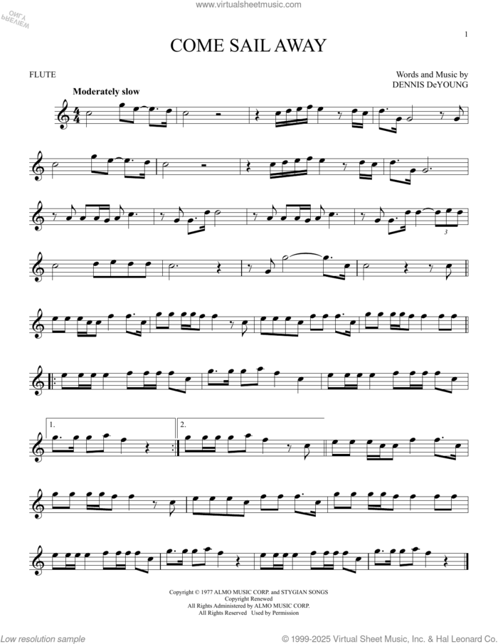 Come Sail Away sheet music for flute solo by Styx and Dennis DeYoung, intermediate skill level