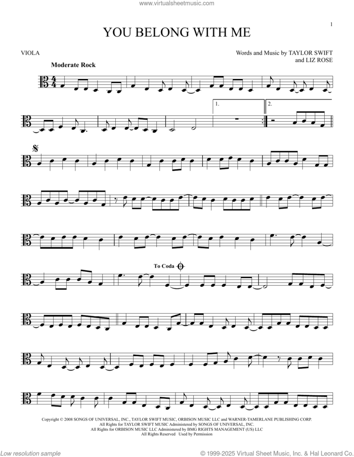 You Belong With Me (Taylor's Version) sheet music for viola solo by Taylor Swift and Liz Rose, intermediate skill level