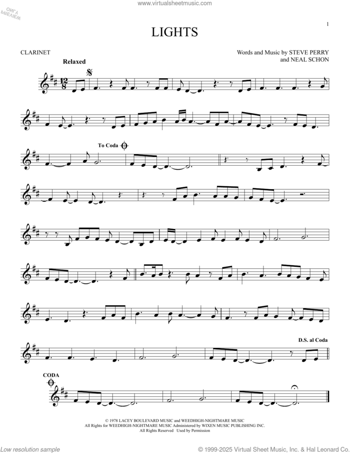 Lights sheet music for clarinet solo by Journey, Neal Schon and Steve Perry, intermediate skill level