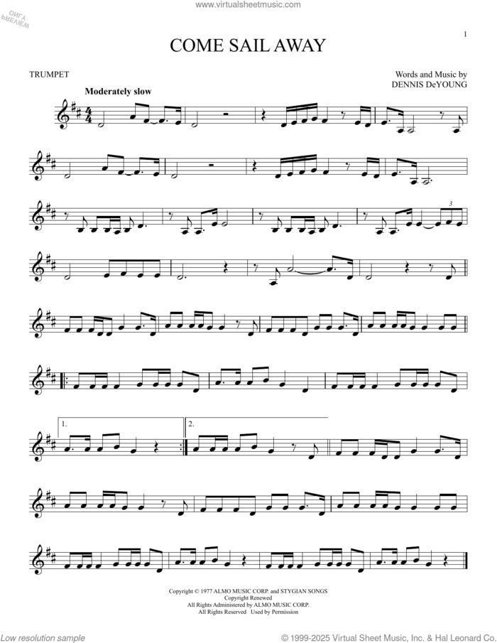 Come Sail Away sheet music for trumpet solo by Styx and Dennis DeYoung, intermediate skill level