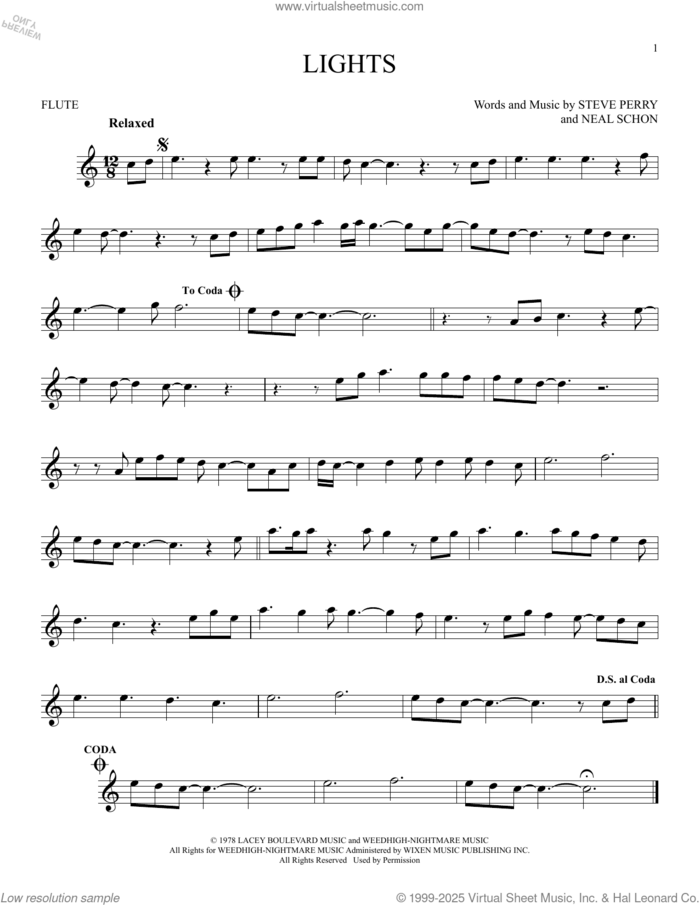 Lights sheet music for flute solo by Journey, Neal Schon and Steve Perry, intermediate skill level