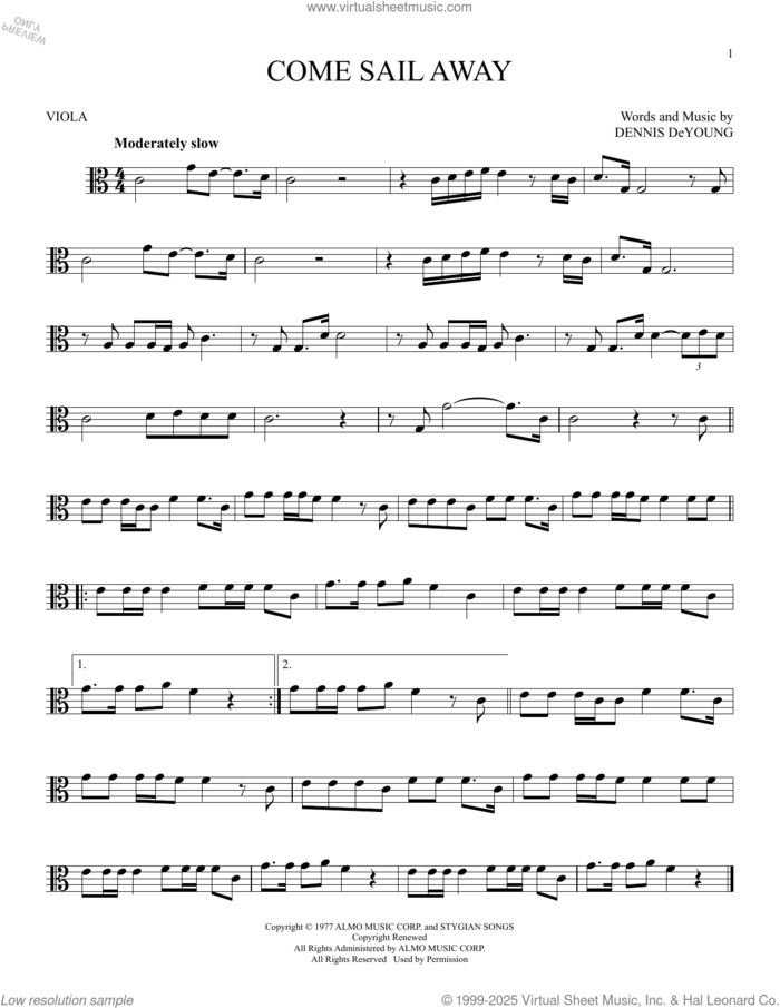 Come Sail Away sheet music for viola solo by Styx and Dennis DeYoung, intermediate skill level