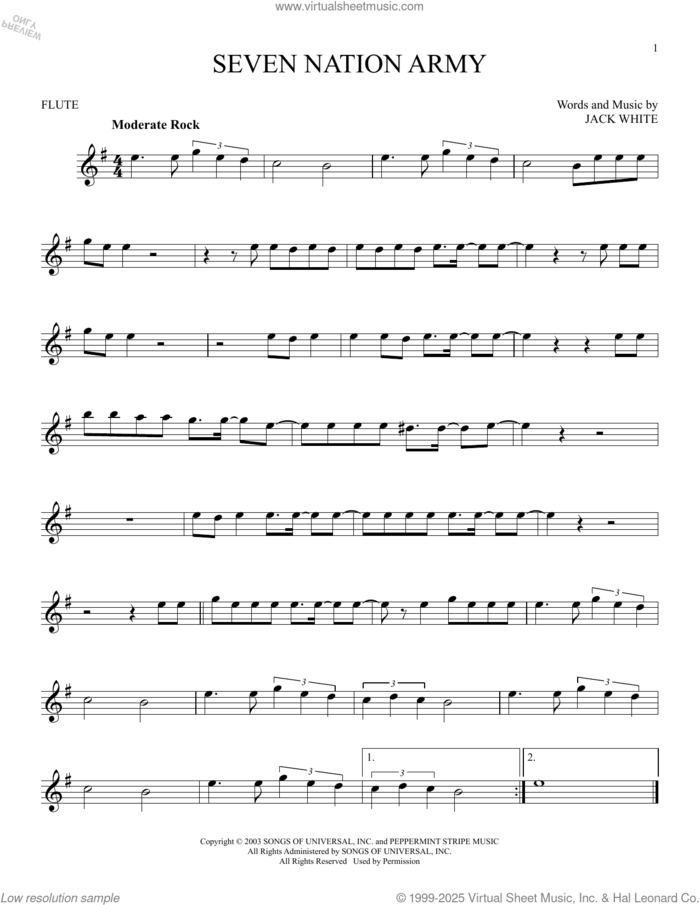 Seven Nation Army sheet music for flute solo by White Stripes and Jack White, intermediate skill level