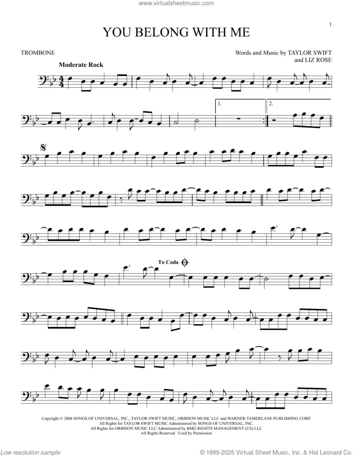 You Belong With Me (Taylor's Version) sheet music for trombone solo by Taylor Swift and Liz Rose, intermediate skill level