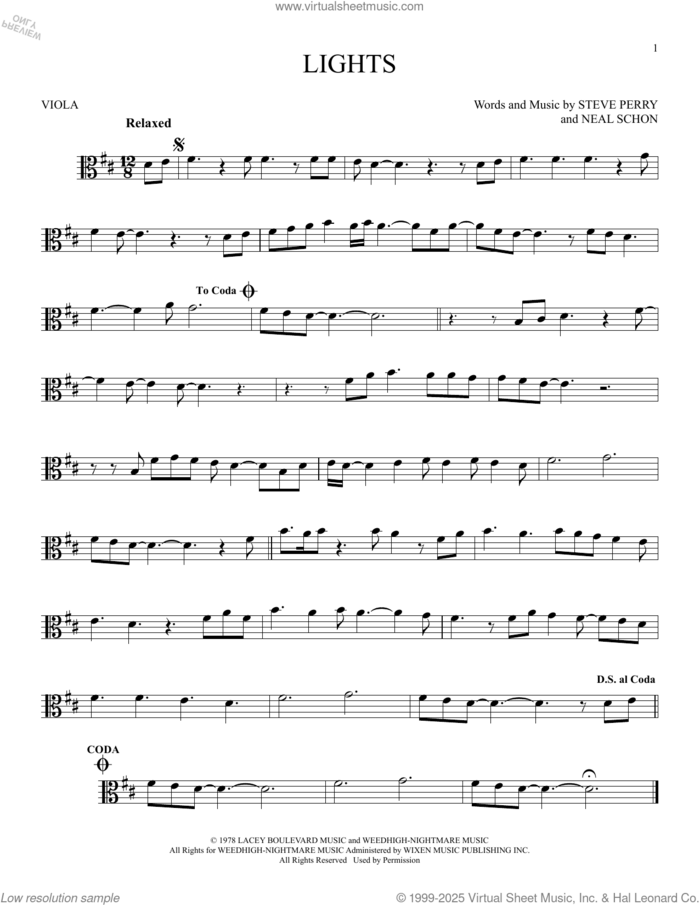 Lights sheet music for viola solo by Journey, Neal Schon and Steve Perry, intermediate skill level