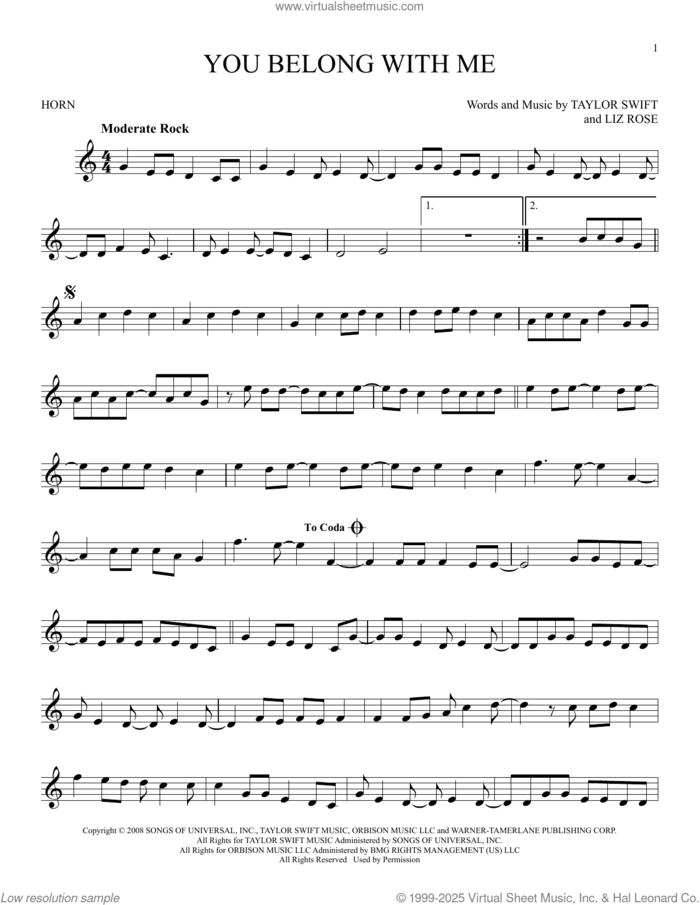 You Belong With Me (Taylor's Version) sheet music for horn solo by Taylor Swift and Liz Rose, intermediate skill level