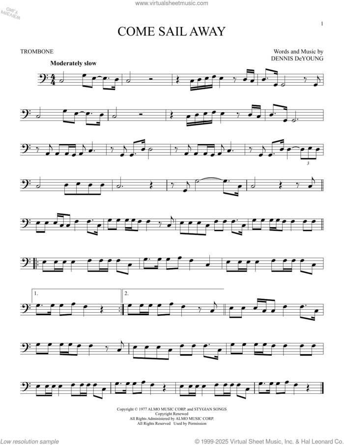 Come Sail Away sheet music for trombone solo by Styx and Dennis DeYoung, intermediate skill level