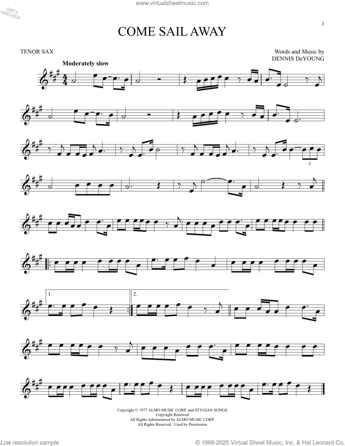 Come Sail Away sheet music for tenor saxophone solo by Styx and Dennis DeYoung, intermediate skill level