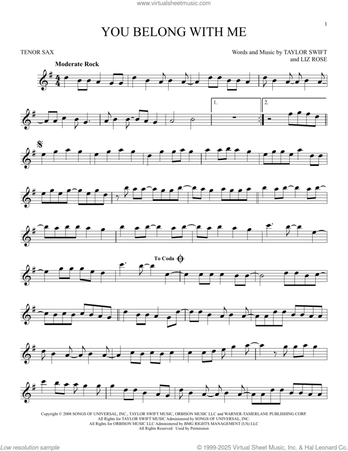 You Belong With Me (Taylor's Version) sheet music for tenor saxophone solo by Taylor Swift and Liz Rose, intermediate skill level