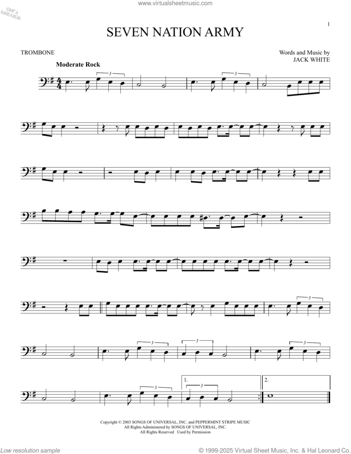 Seven Nation Army sheet music for trombone solo by White Stripes and Jack White, intermediate skill level