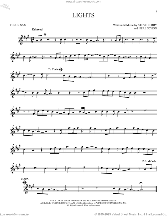 Lights sheet music for tenor saxophone solo by Journey, Neal Schon and Steve Perry, intermediate skill level