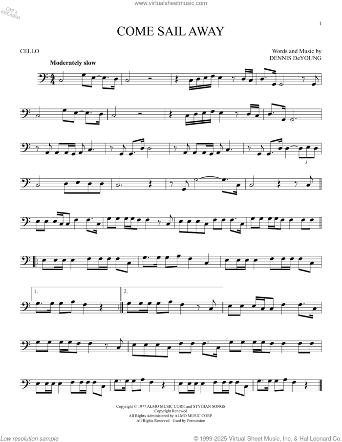 Come Sail Away sheet music for cello solo by Styx and Dennis DeYoung, intermediate skill level