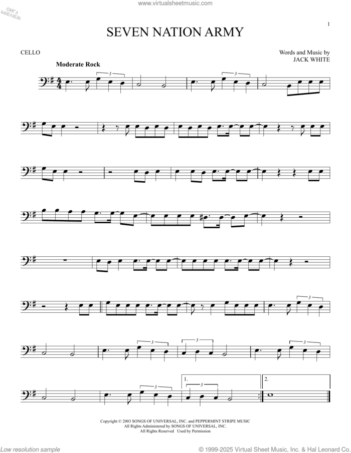 Seven Nation Army sheet music for cello solo by White Stripes and Jack White, intermediate skill level