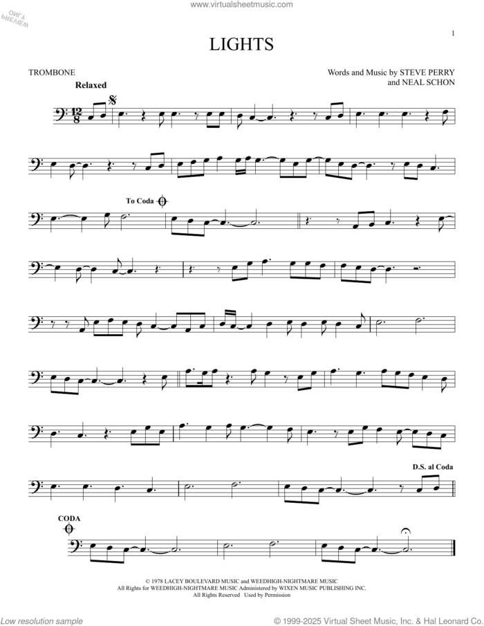 Lights sheet music for trombone solo by Journey, Neal Schon and Steve Perry, intermediate skill level